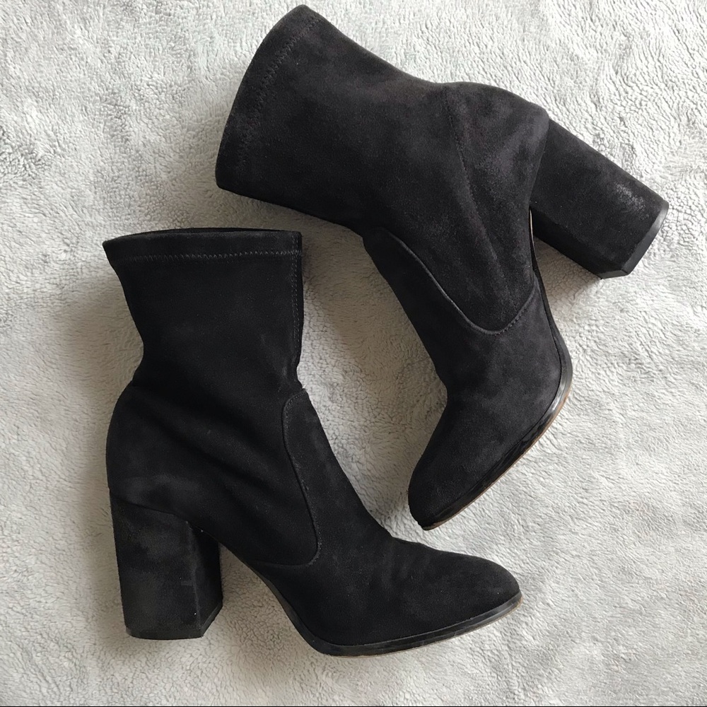Saks Fifth Avenue Lady Suede Block Heel Sock Ankle Booties Black Leather Sz 5.5